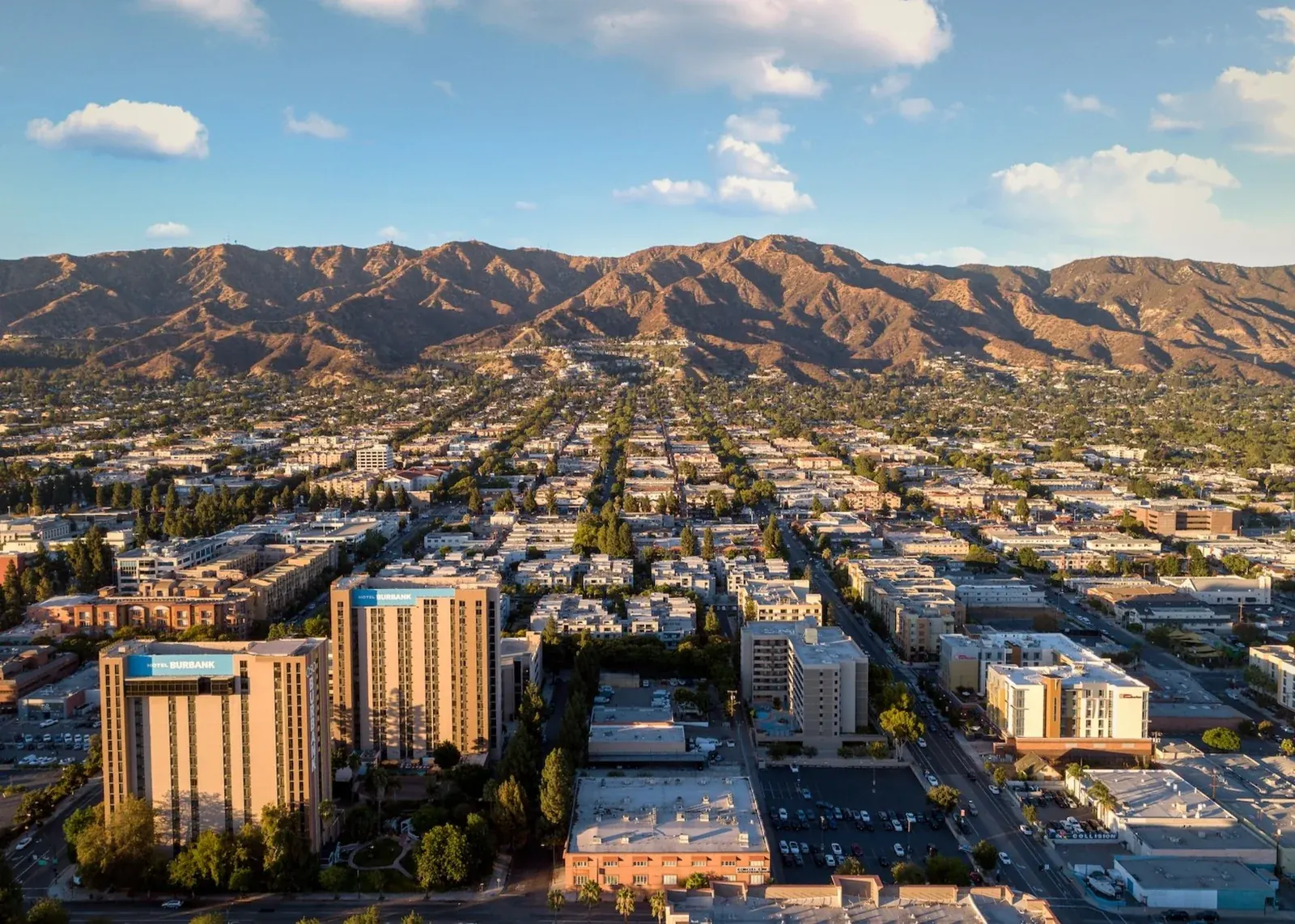 Aerial view of Burbank with the Verdugo Mountains behind it